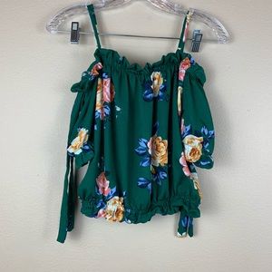 Iris Green Floral Cold Shoulder Crop Top